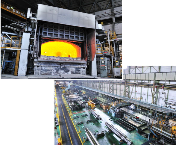 大型トップチャージ溶鉱炉と世界最大級の熱間圧延ラインの写真