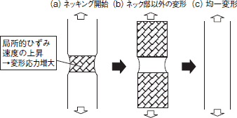 正のm値を有する材料変形時のくびれ発生抑制の模式図